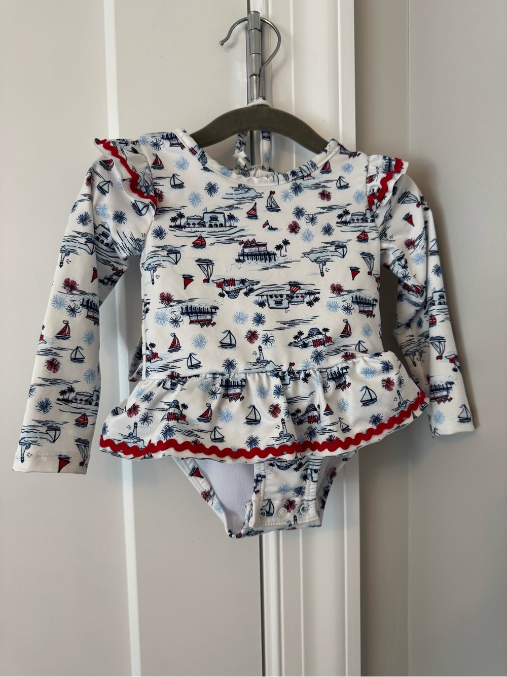 Sperry Girls One-Piece Rash Guard Swimsuit in White, Navy & Red